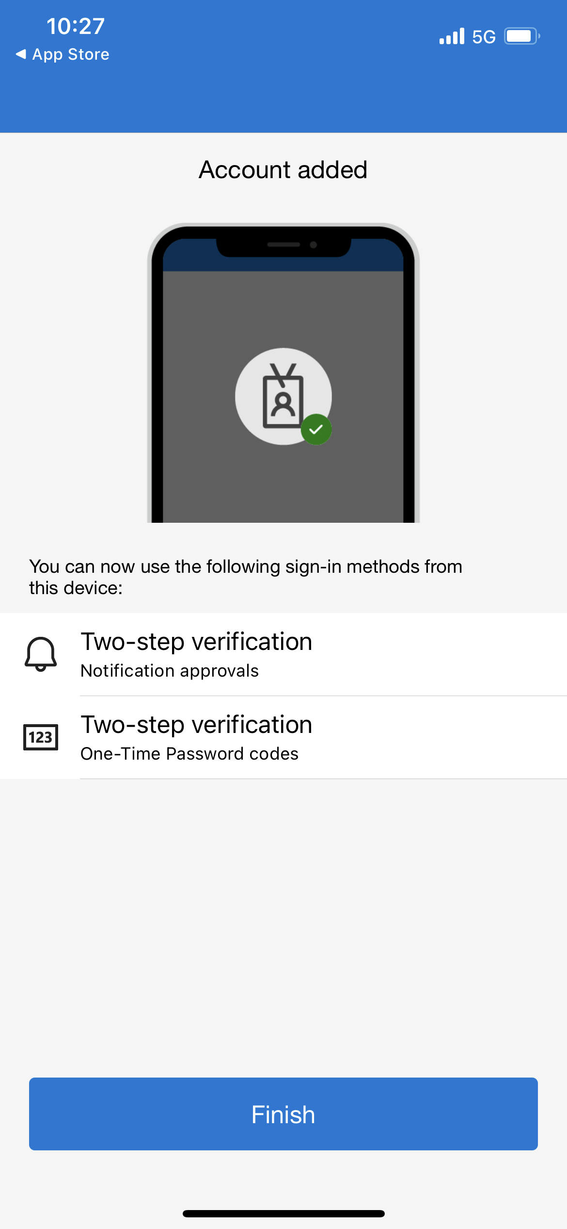 Microsoft Authenticator app set up page. If prompted allow notifications. Add an account and select work or school