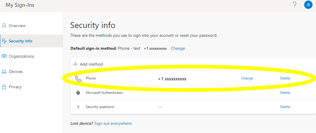 Security Info landing page with newly added phone option circled