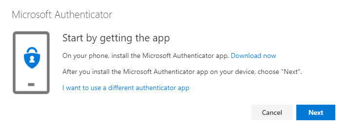 Microsoft Authenticator app start page.