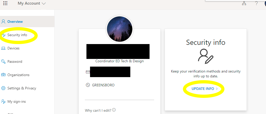 GCS My Account Page. Security info on the left is circled. Update info on the right is circled.