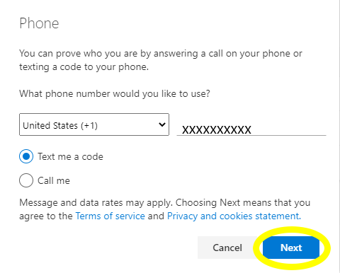 Phone options page. Gives you the option for a text or call. Next button is circled.