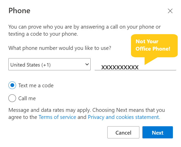 Phone options page. Gives you the option for a text or call. Next button is circled.